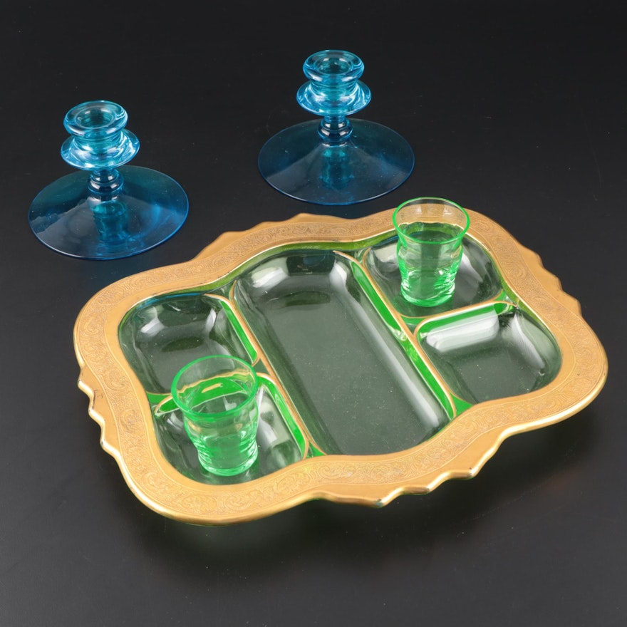 Encrusted Green Glass Serving Tray with Other Glass Candle Holders and Tumblers