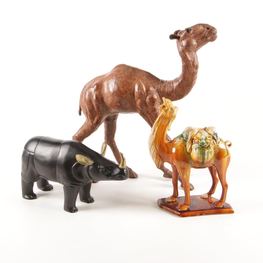 Molded Leather and Sancai Glazed Ceramic Camel with Brass Rhino