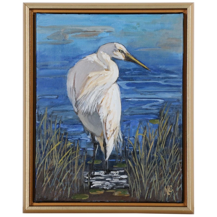 Monica Cascio Wildlife Oil Painting "Egret in Azure No. 1"