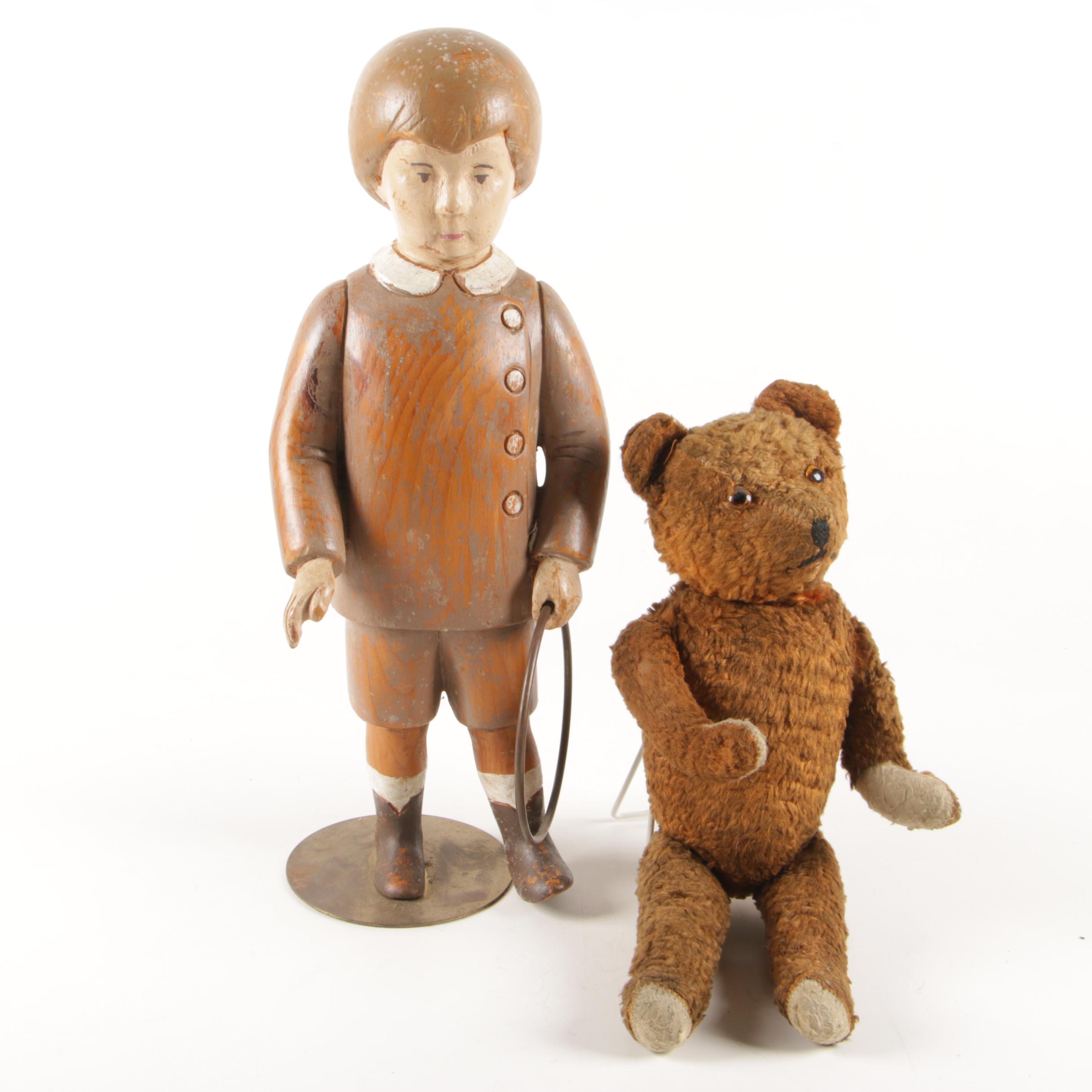Antique Jointed Plush Teddy Bear with Glass Eyes and Hand Carved Wood Boy Figure