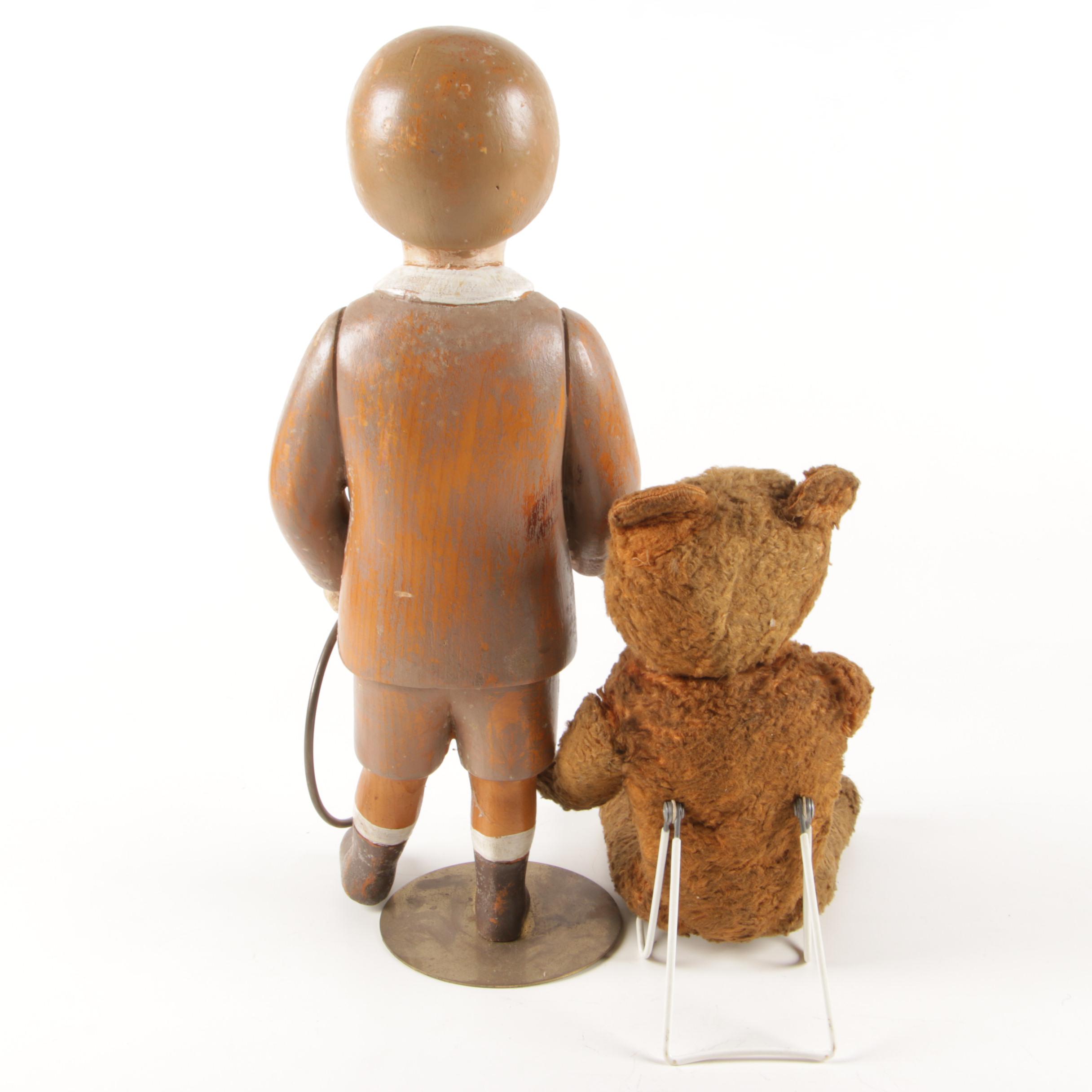 Antique Jointed Plush Teddy Bear with Glass Eyes and Hand Carved Wood Boy Figure