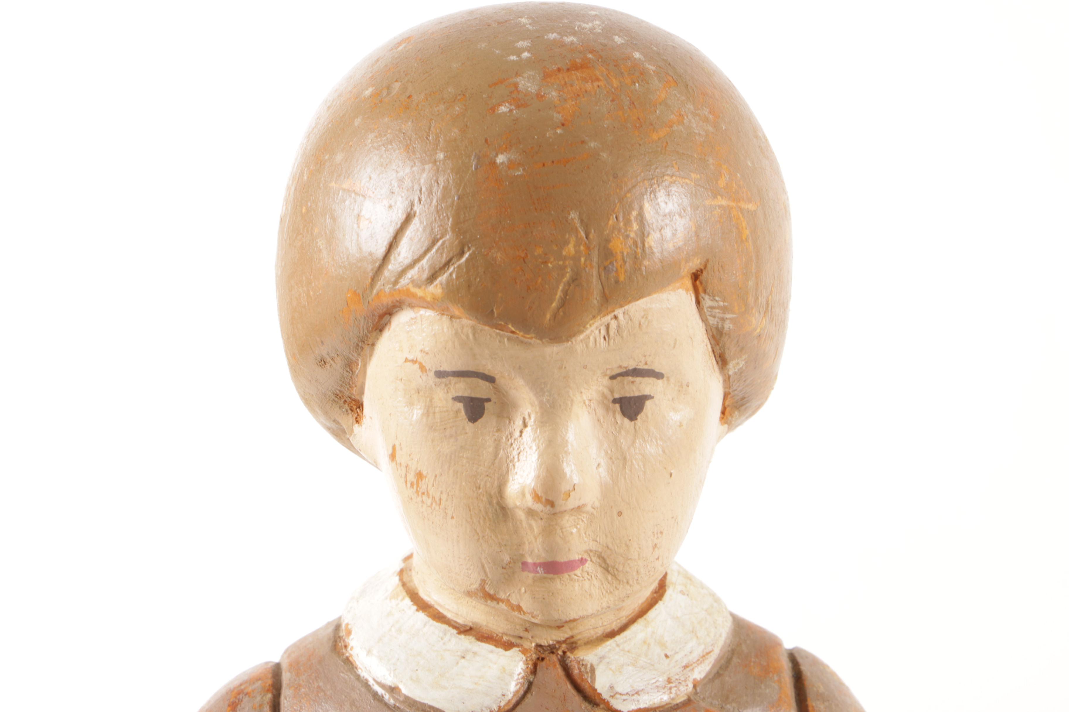 Antique Jointed Plush Teddy Bear with Glass Eyes and Hand Carved Wood Boy Figure