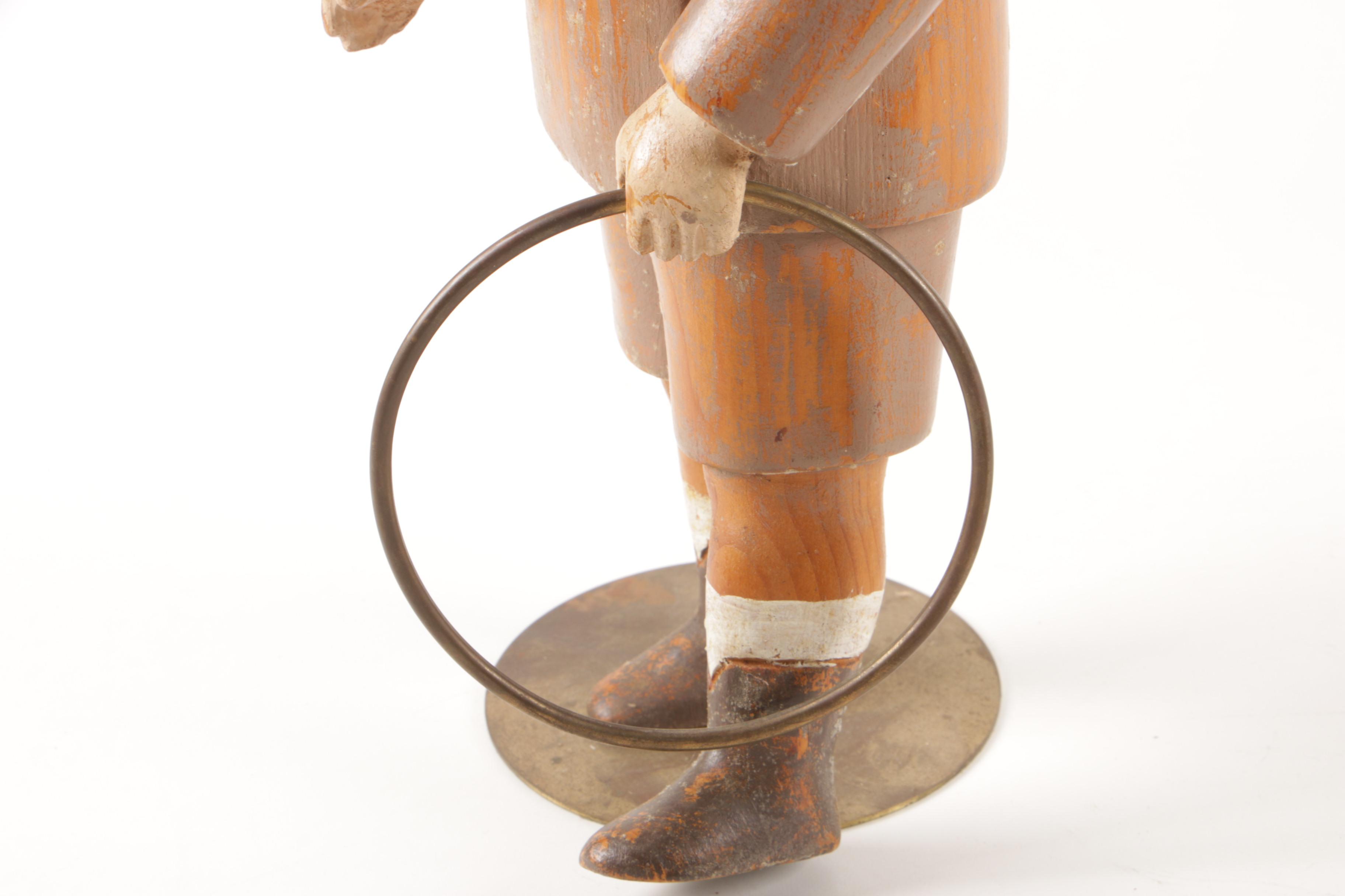 Antique Jointed Plush Teddy Bear with Glass Eyes and Hand Carved Wood Boy Figure