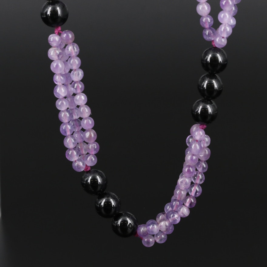Endless Black Onyx and Amethyst Beaded Necklace