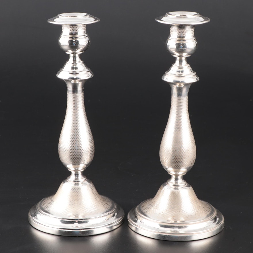 Berndorf Metalware Factory Engine Turned Silver Plate Candlesticks, Early 20th C