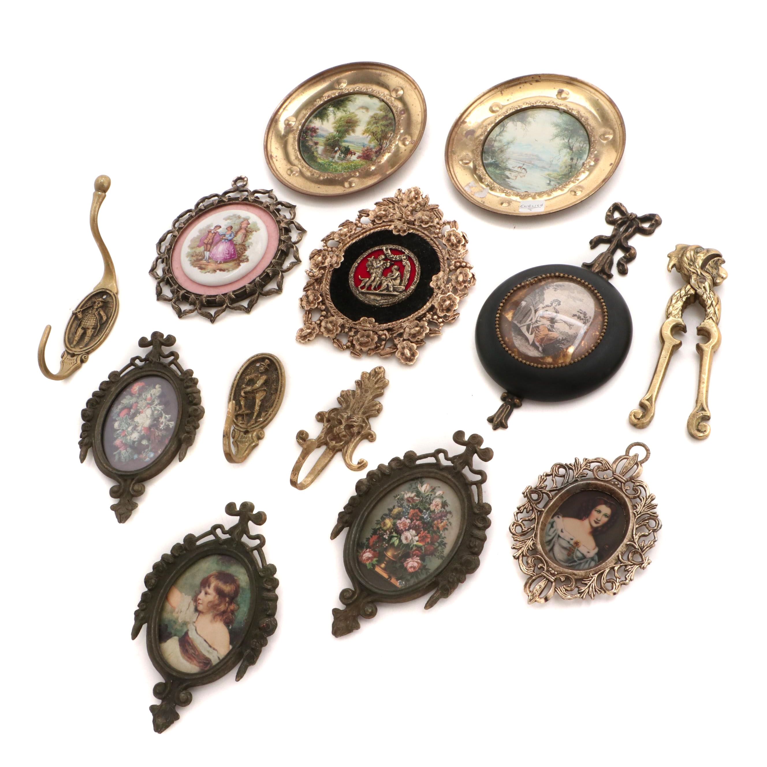 Brass and Metal Decor Including Wall Hooks and Picture Frames