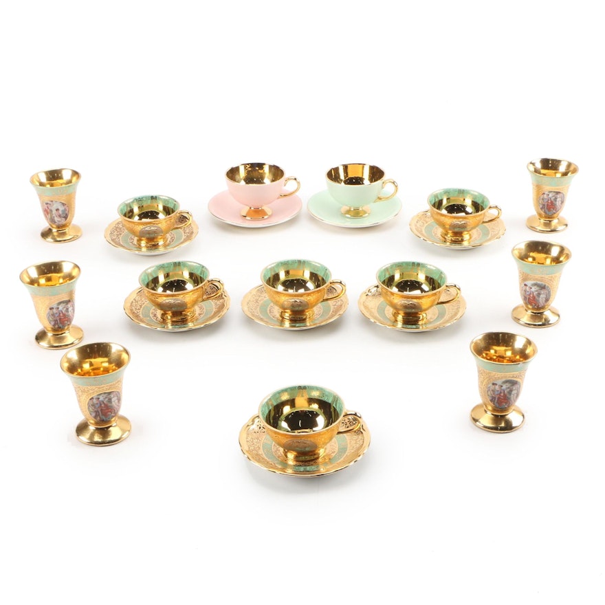 Gold and Platinum Encrusted Ceramic Demitasse and Shot Glasses