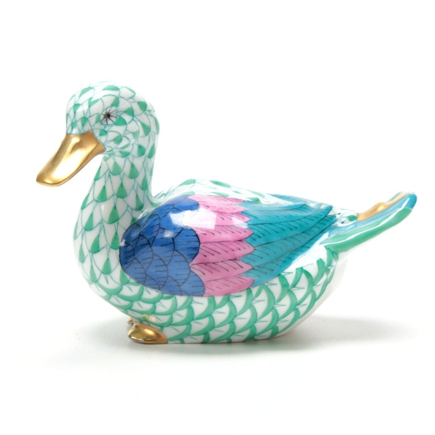 Herend Porcelain Green Fishnet with Gold "Duck" Figurine