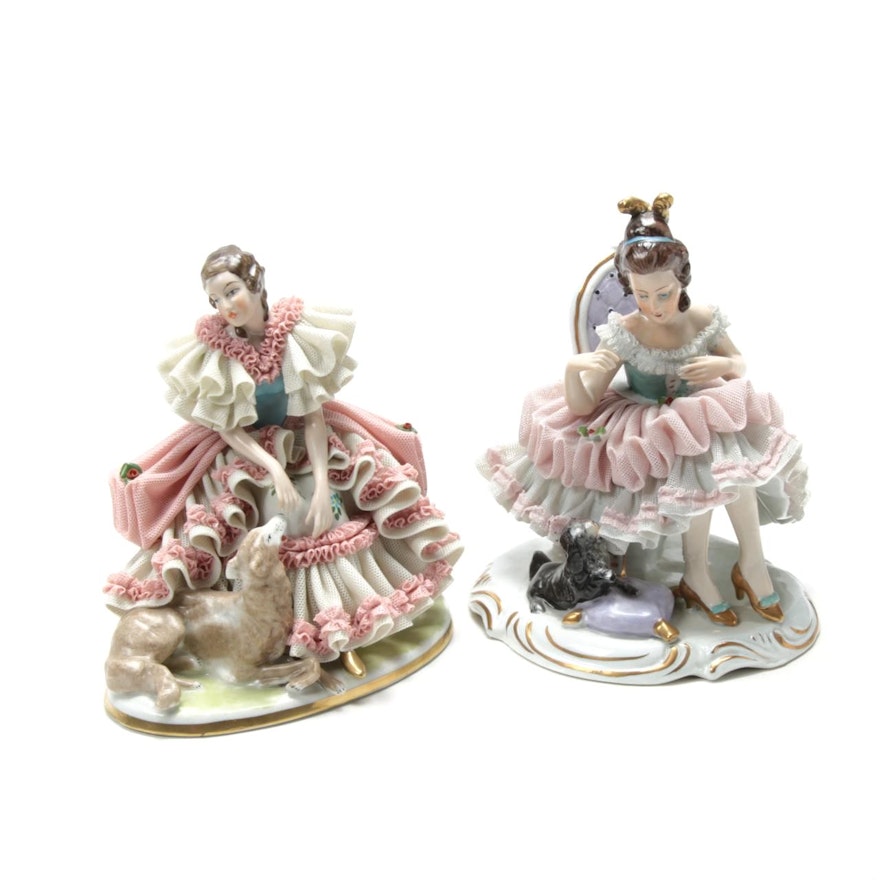 Müller Volkstedt Dresden Lace Porcelain Figurines, Early to Mid 20th Century