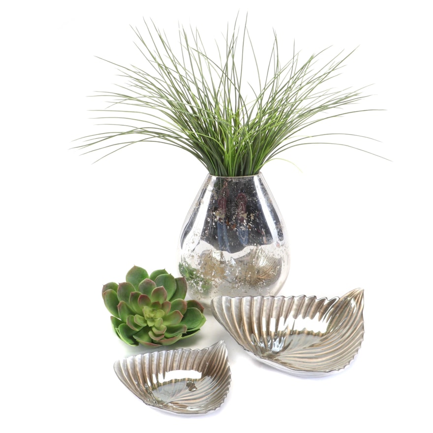 Silver Glass Vase and Bowls with Artificial Succulent and Grass