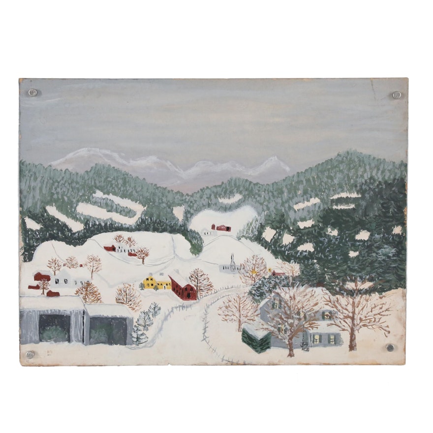 Winter Hillside Landscape Gouache Painting