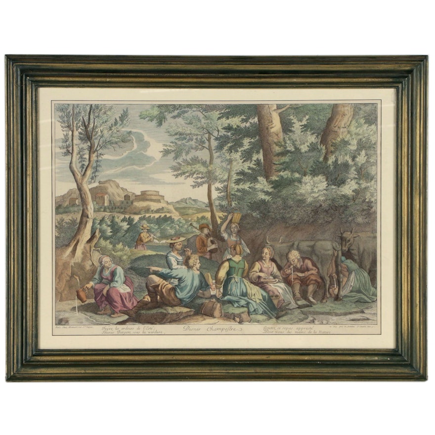 Pastoral Scene Hand-colored Engraving after Claudine Stella Bouzonnet