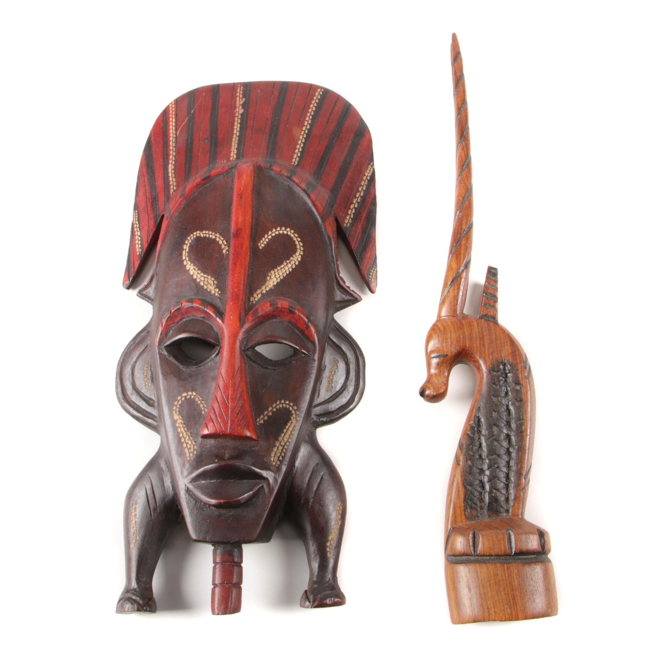 African Carved Wood Polychrome Mask with Gazelle Sculpture