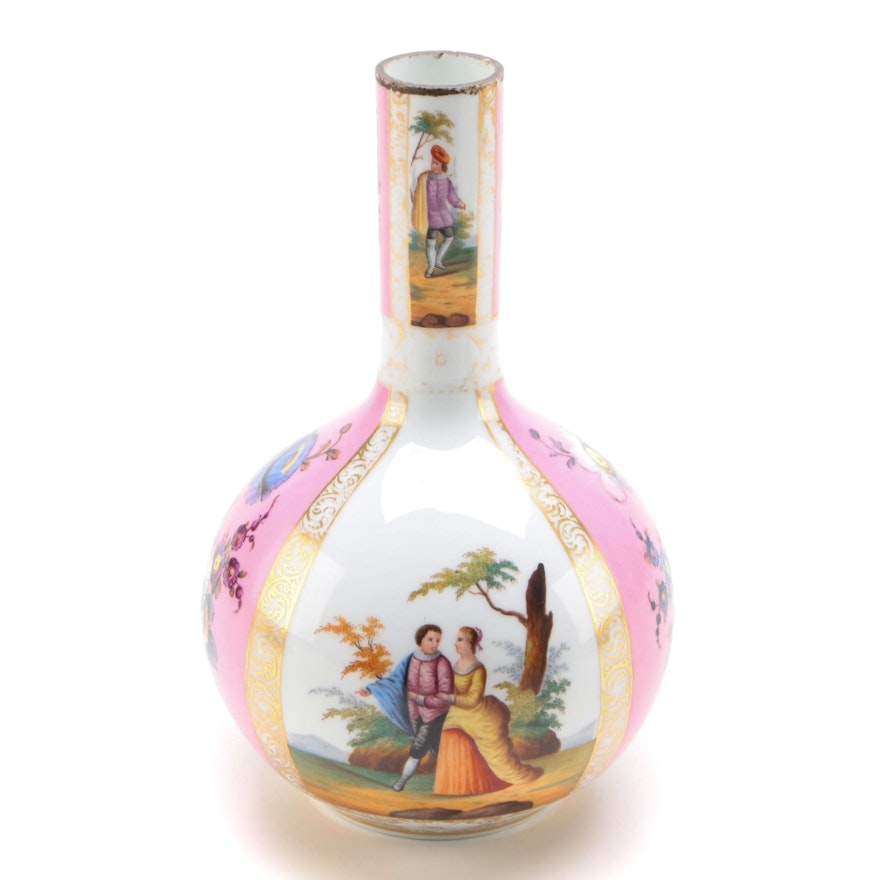 Continental Hand-Painted Porcelain Bottle Vase with Courting Scenes