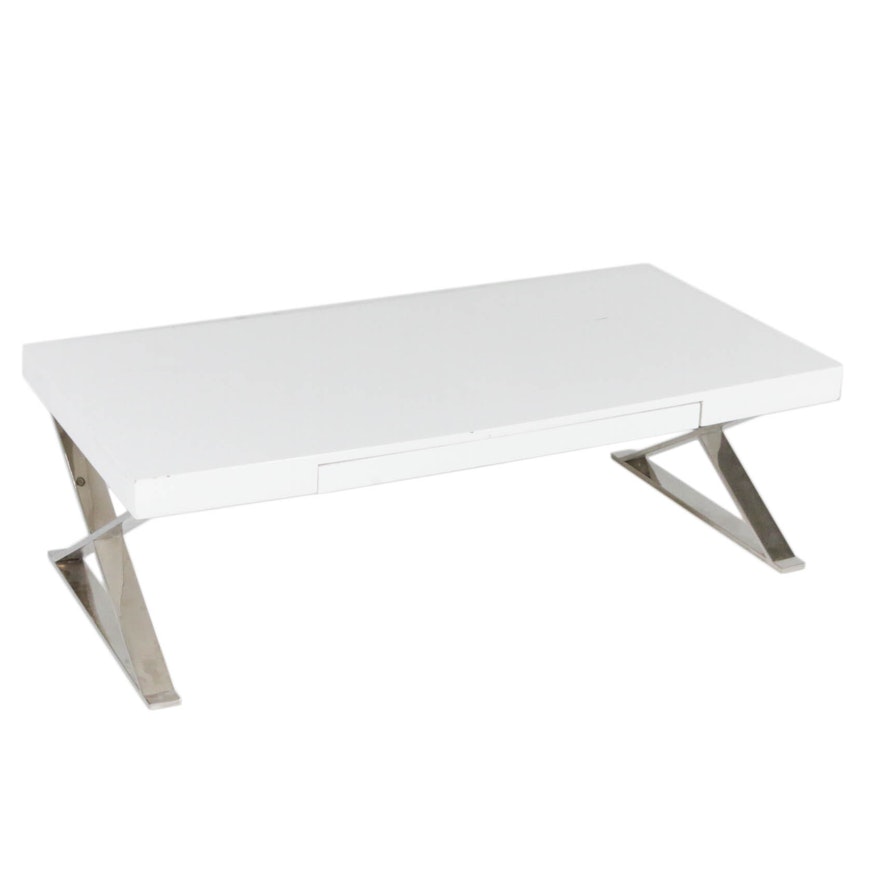 Modernist Style Chromed Metal and White Laquered Coffee Table