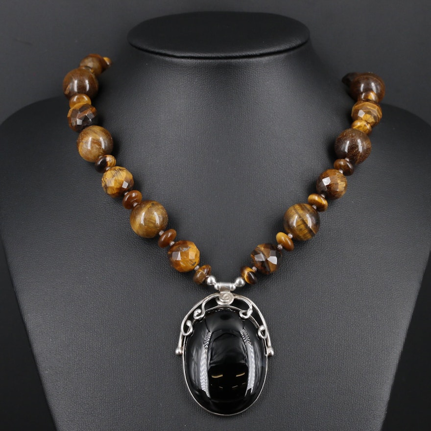 Sterling Silver Tiger's Eye and Black Onyx Necklace