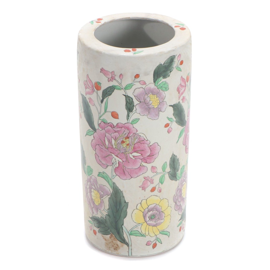 Chinese Hand-Painted Porcelain Umbrella Stand with Floral Motif, 20th Century