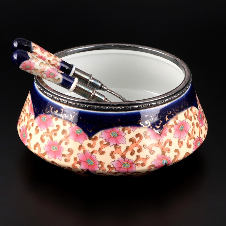 Hirsch Chinoiserie Porcelain Salad Bowl with Rogers Bros. Utensils, 1893–1896