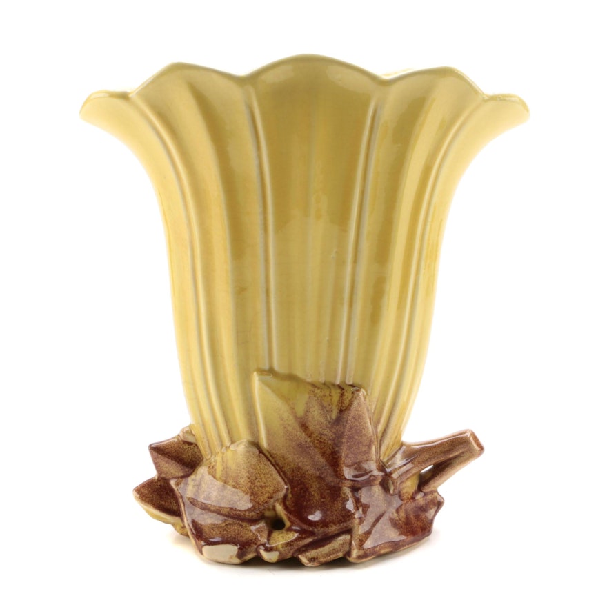 McCoy Yellow Ceramic Fan Vase, Mid to Late 20th Century
