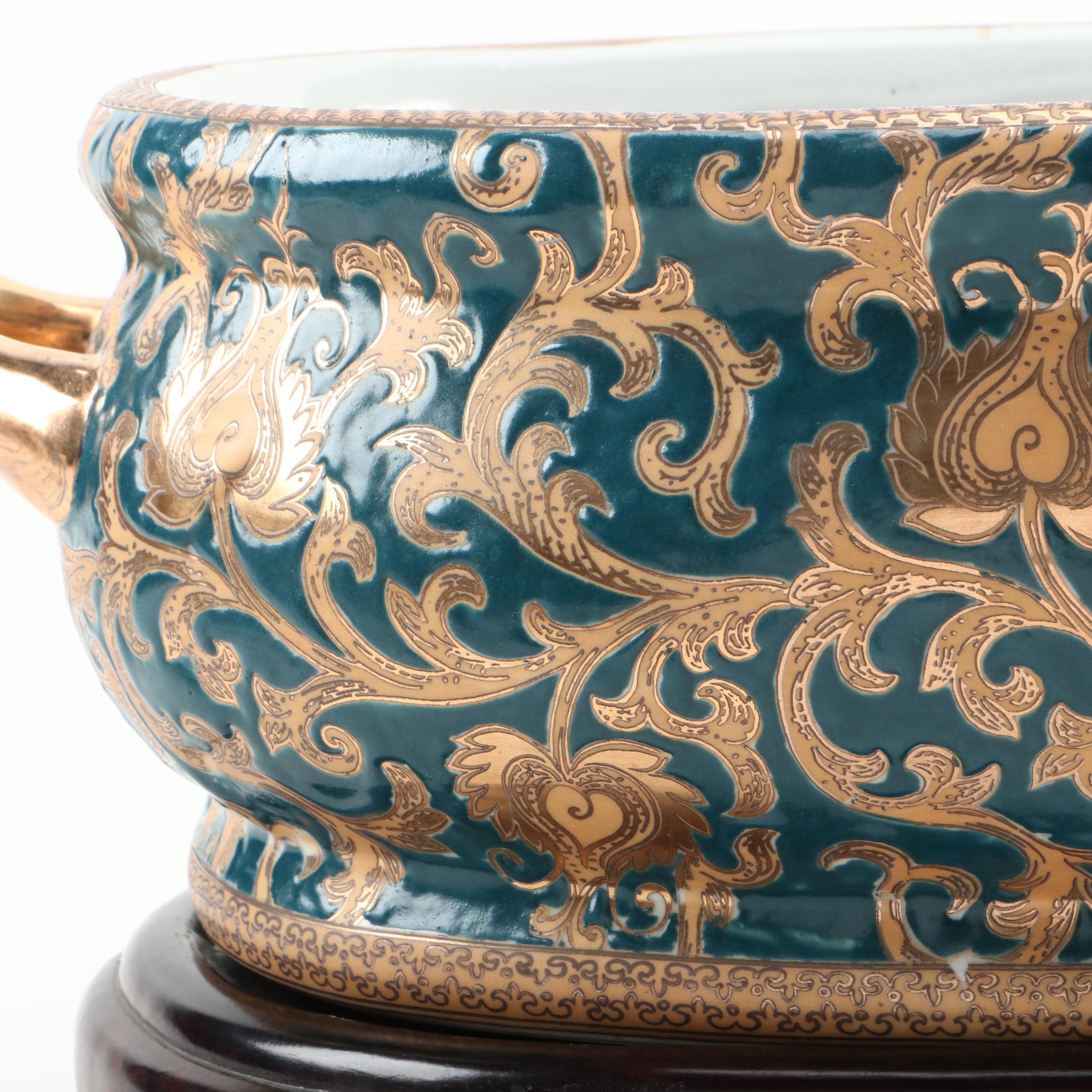 Chinese Oriental Accent Hand-Painted Ceramic Foot Bath with Base