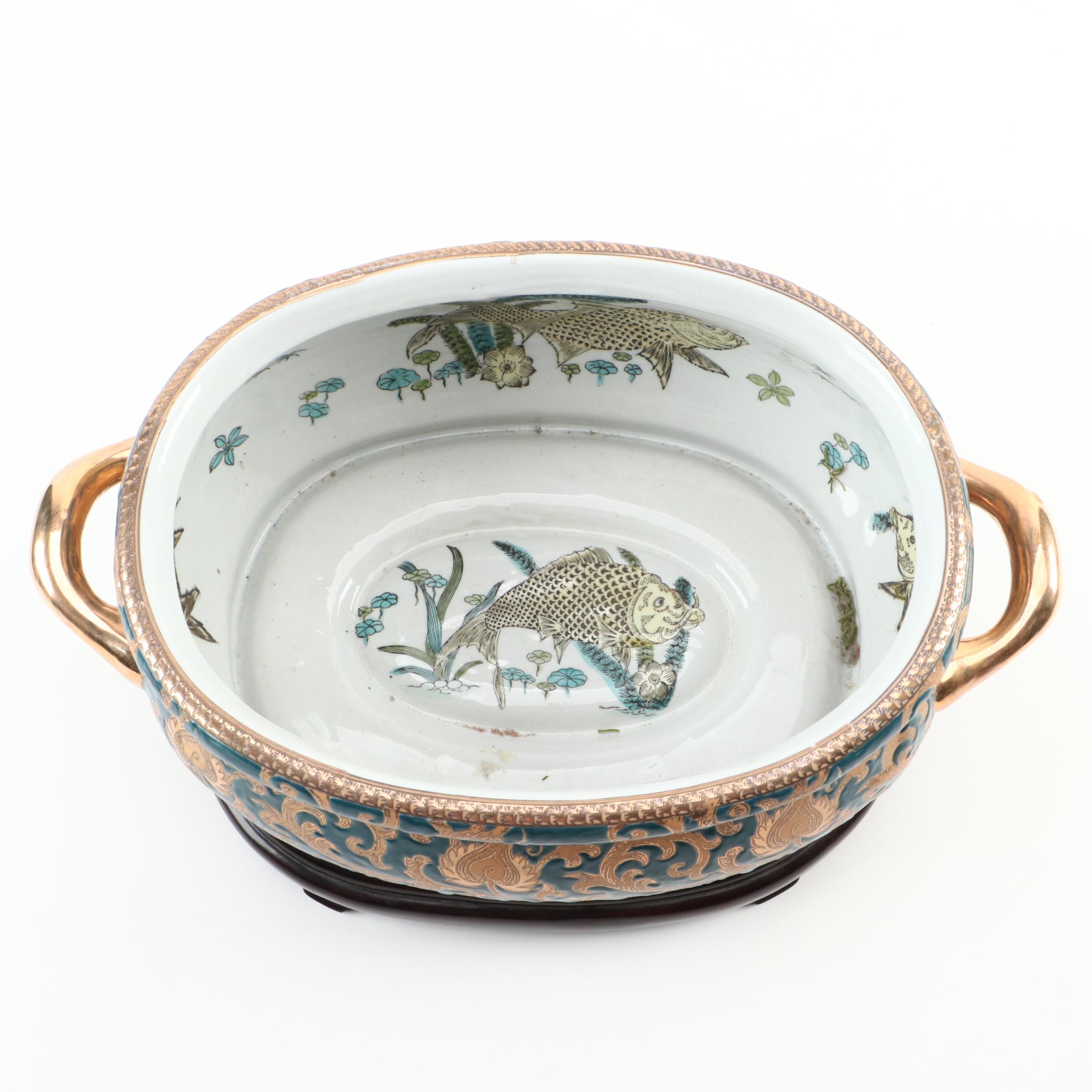 Chinese Oriental Accent Hand-Painted Ceramic Foot Bath with Base