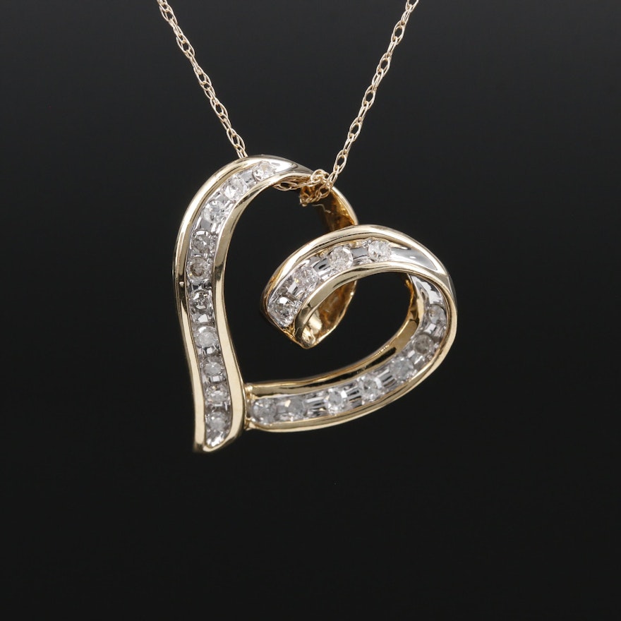 10K Yellow Gold Diamond Heart Pendant on 14K Singapore Chain Necklace