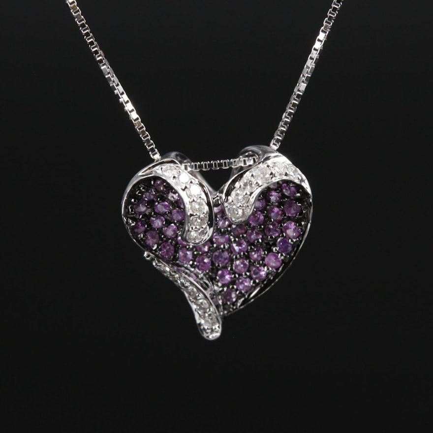 14K White Gold Sapphire and Diamond Heart Pendant Necklace