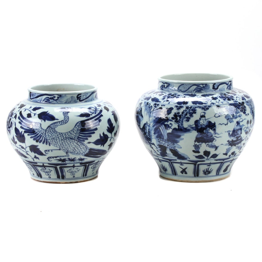 Chinese Blue and White Qinghua Piling Painted Jardinières