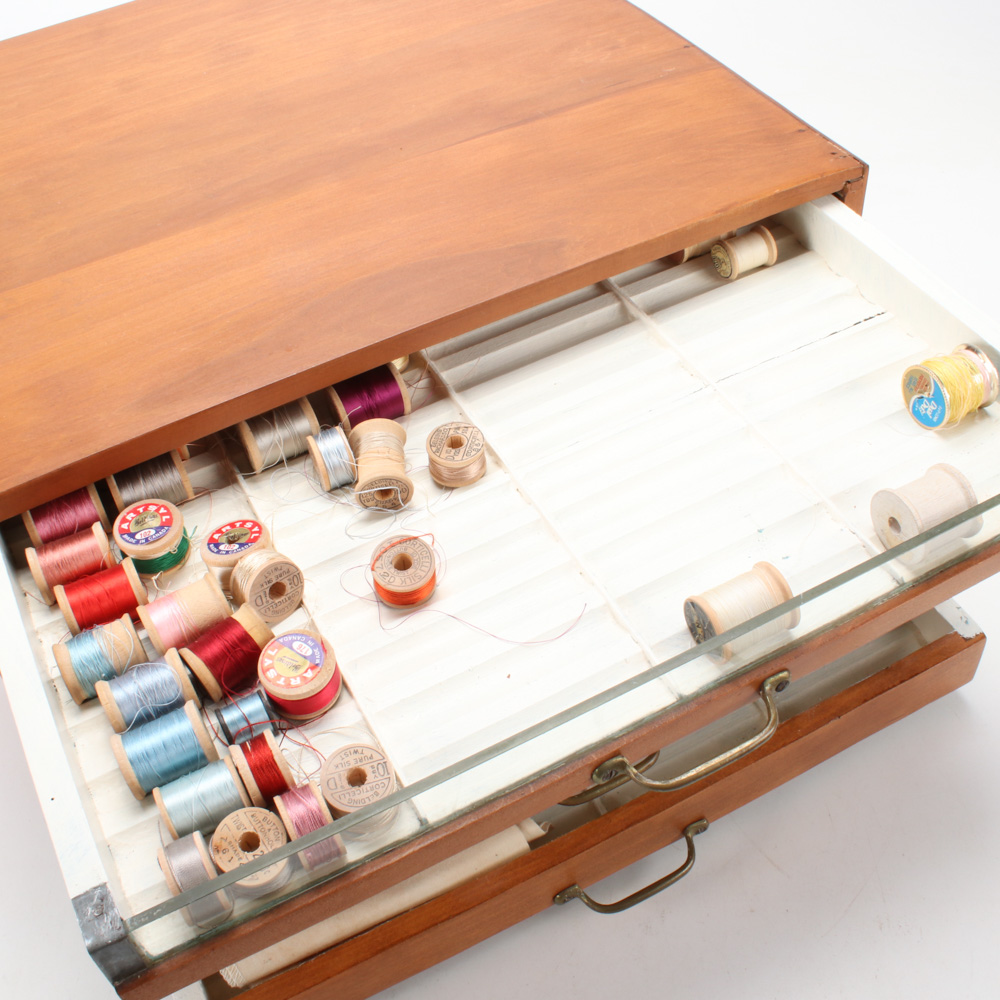 Glass Front Wood Spool Cabinet with Assorted Spool Collection