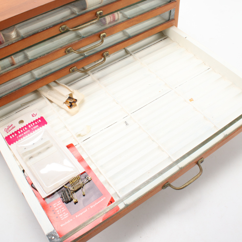 Glass Front Wood Spool Cabinet with Assorted Spool Collection