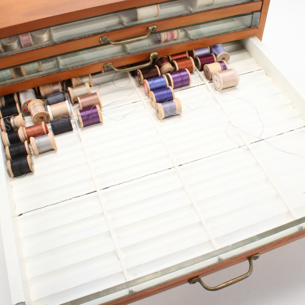 Glass Front Wood Spool Cabinet with Assorted Spool Collection