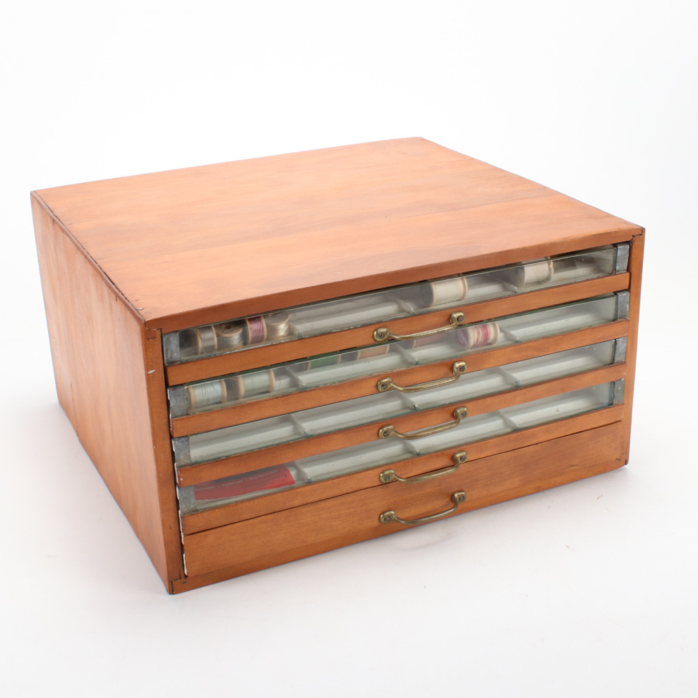 Glass Front Wood Spool Cabinet with Assorted Spool Collection