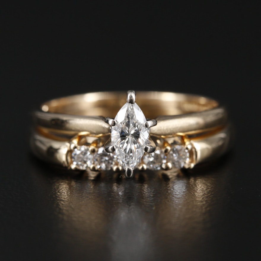 14K Yellow Gold Diamond Solitaire Ring and Band