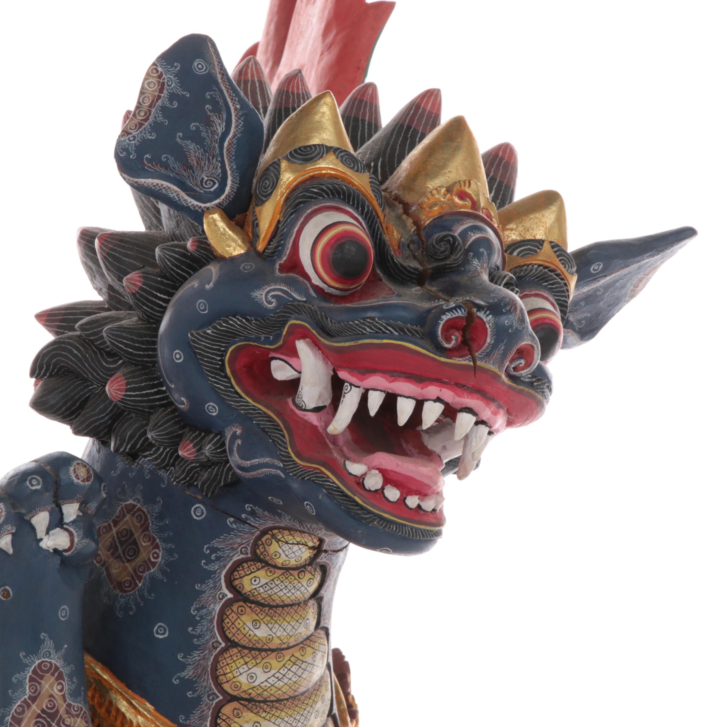 Balinese Winged Lion Polychrome Carved Wood Figure