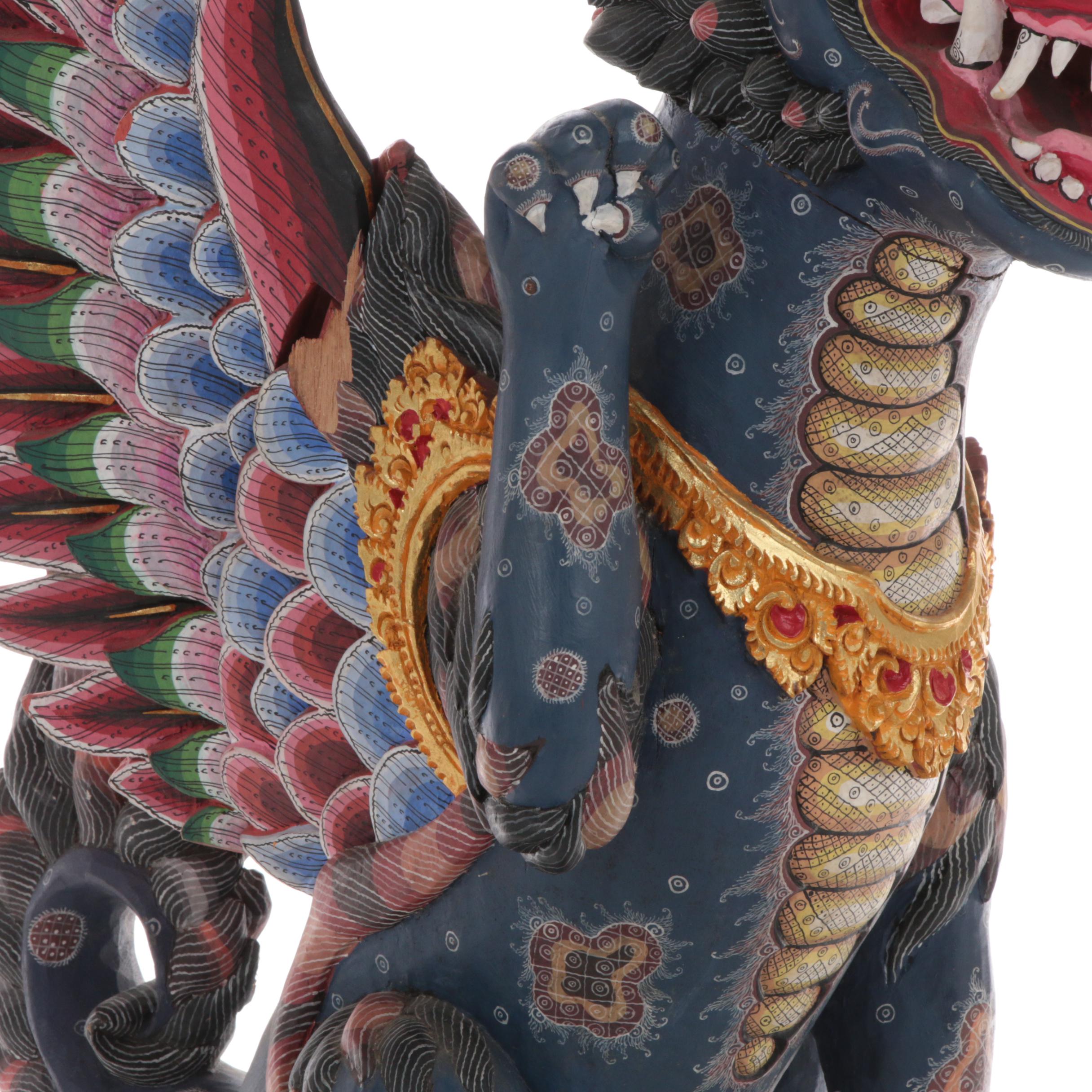 Balinese Winged Lion Polychrome Carved Wood Figure