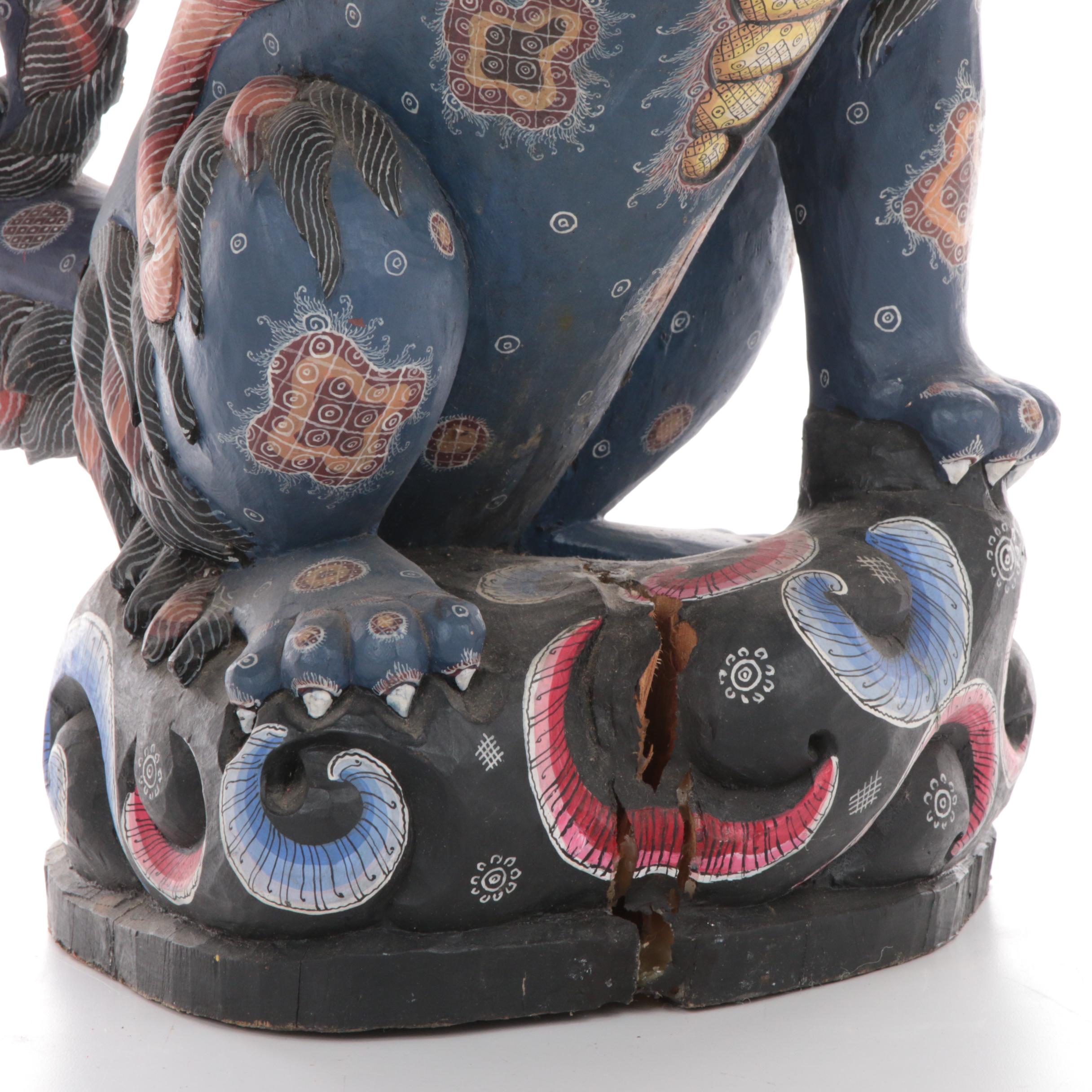 Balinese Winged Lion Polychrome Carved Wood Figure