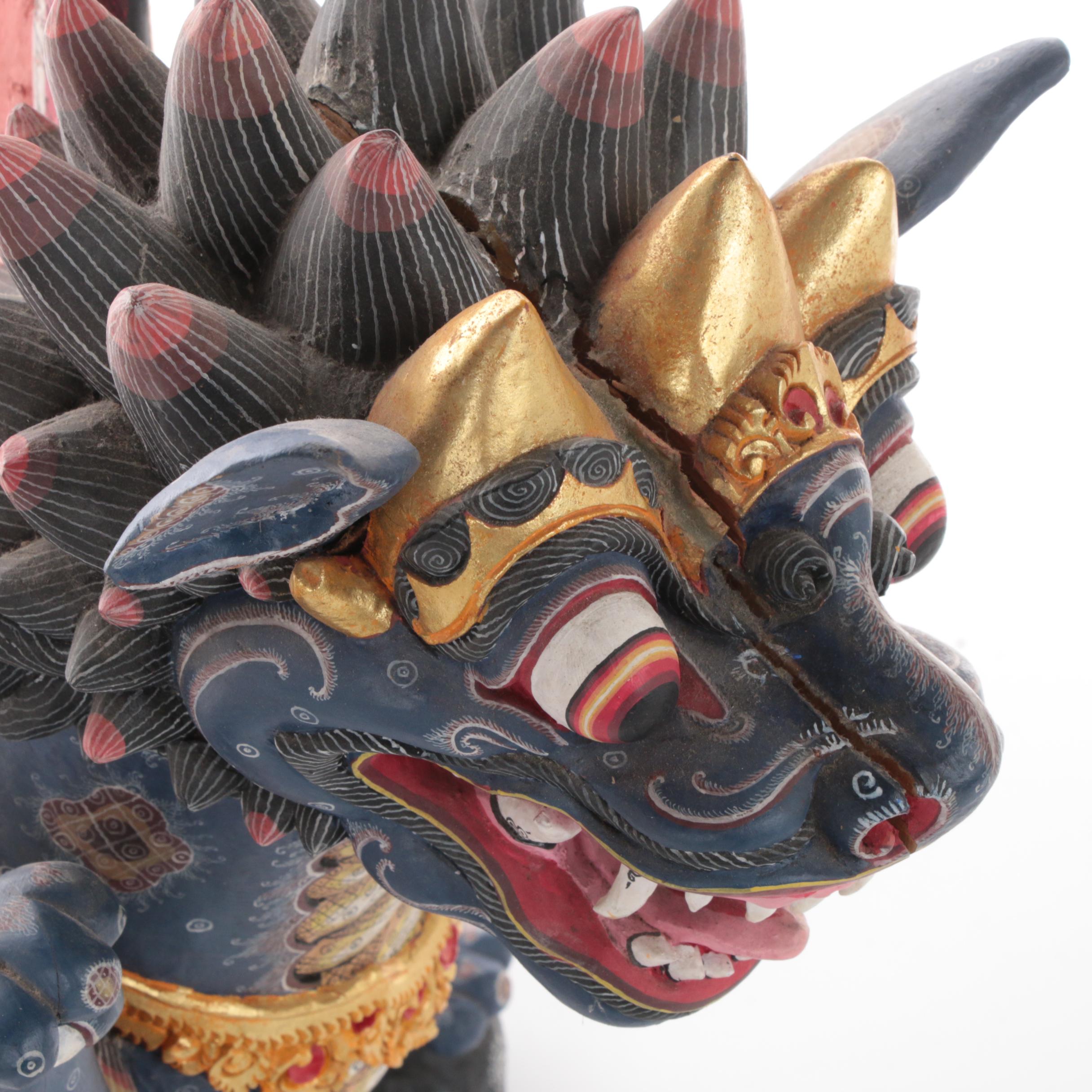 Balinese Winged Lion Polychrome Carved Wood Figure