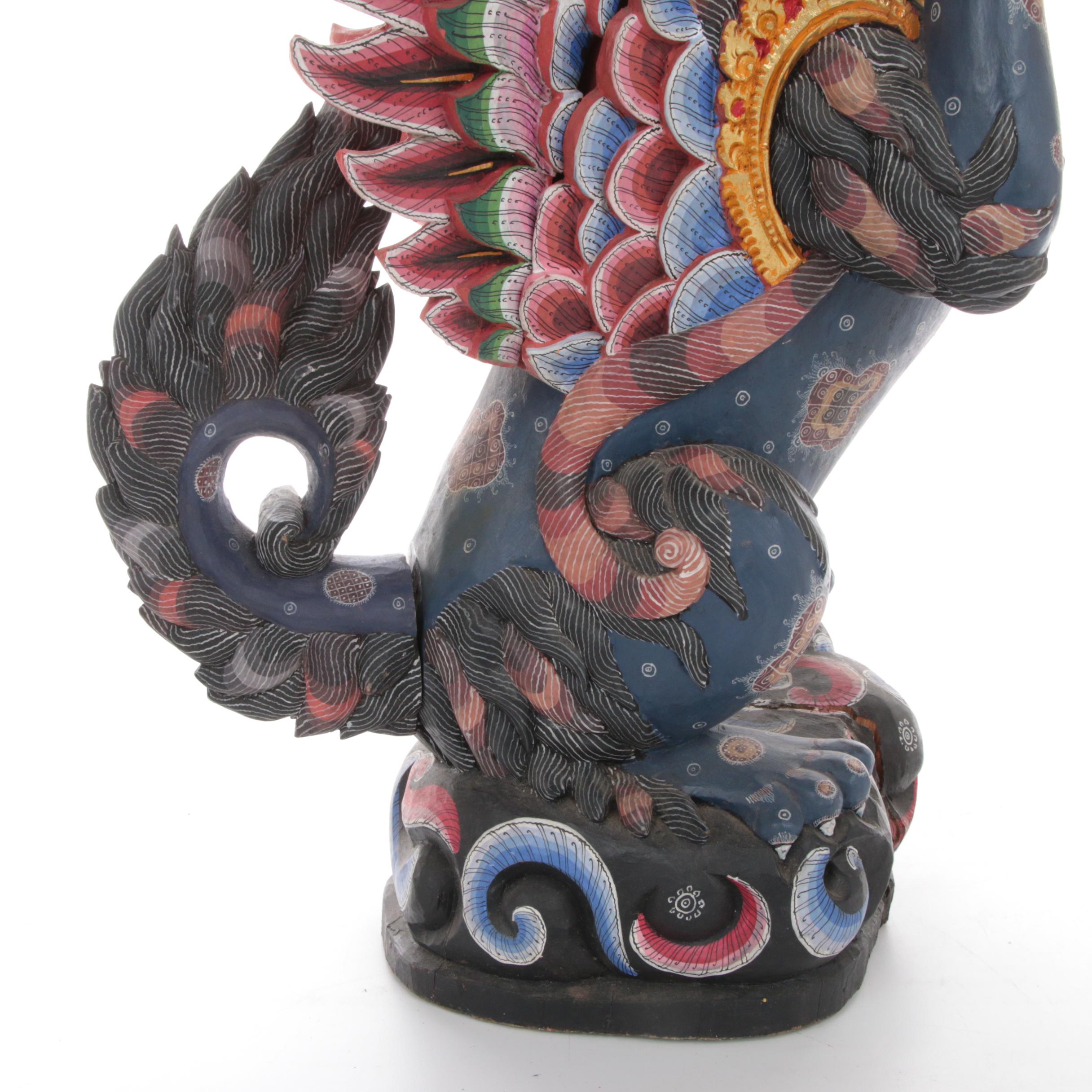 Balinese Winged Lion Polychrome Carved Wood Figure