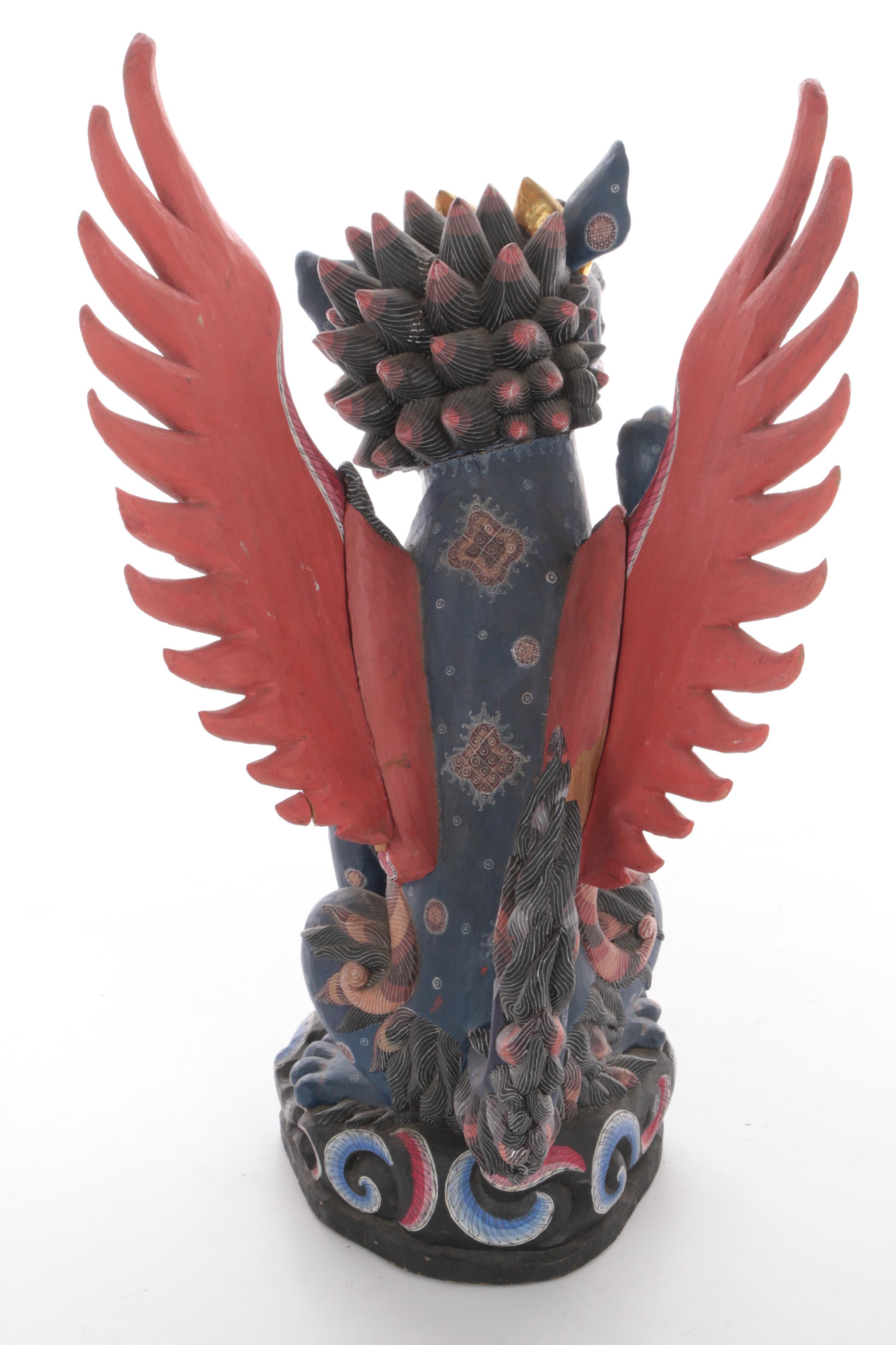 Balinese Winged Lion Polychrome Carved Wood Figure