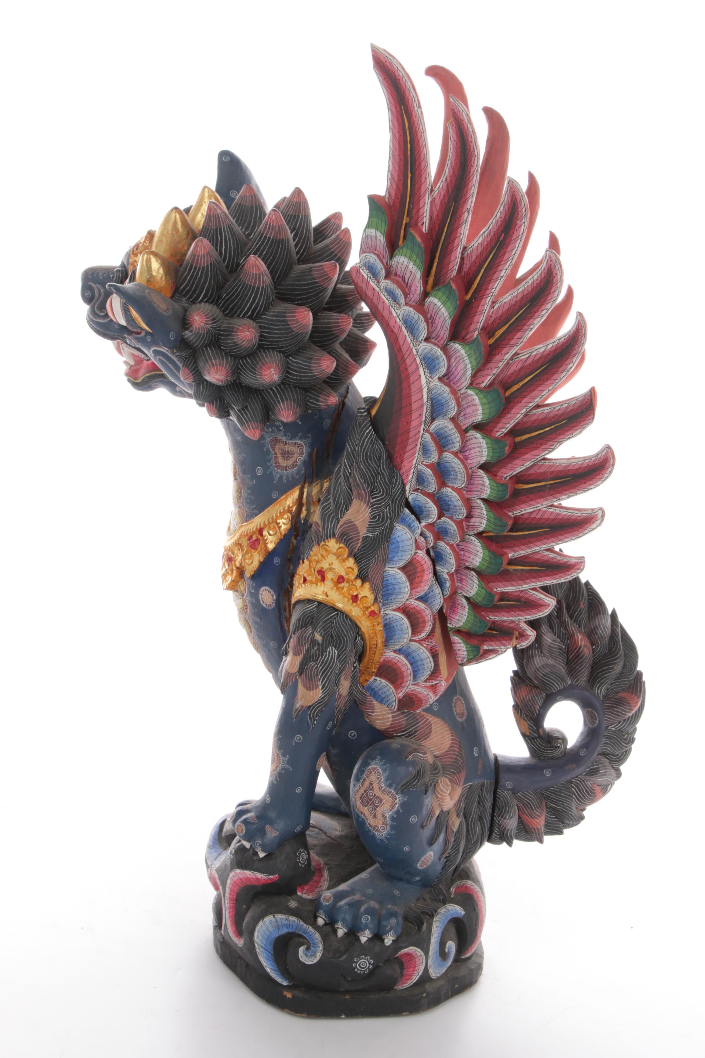 Balinese Winged Lion Polychrome Carved Wood Figure
