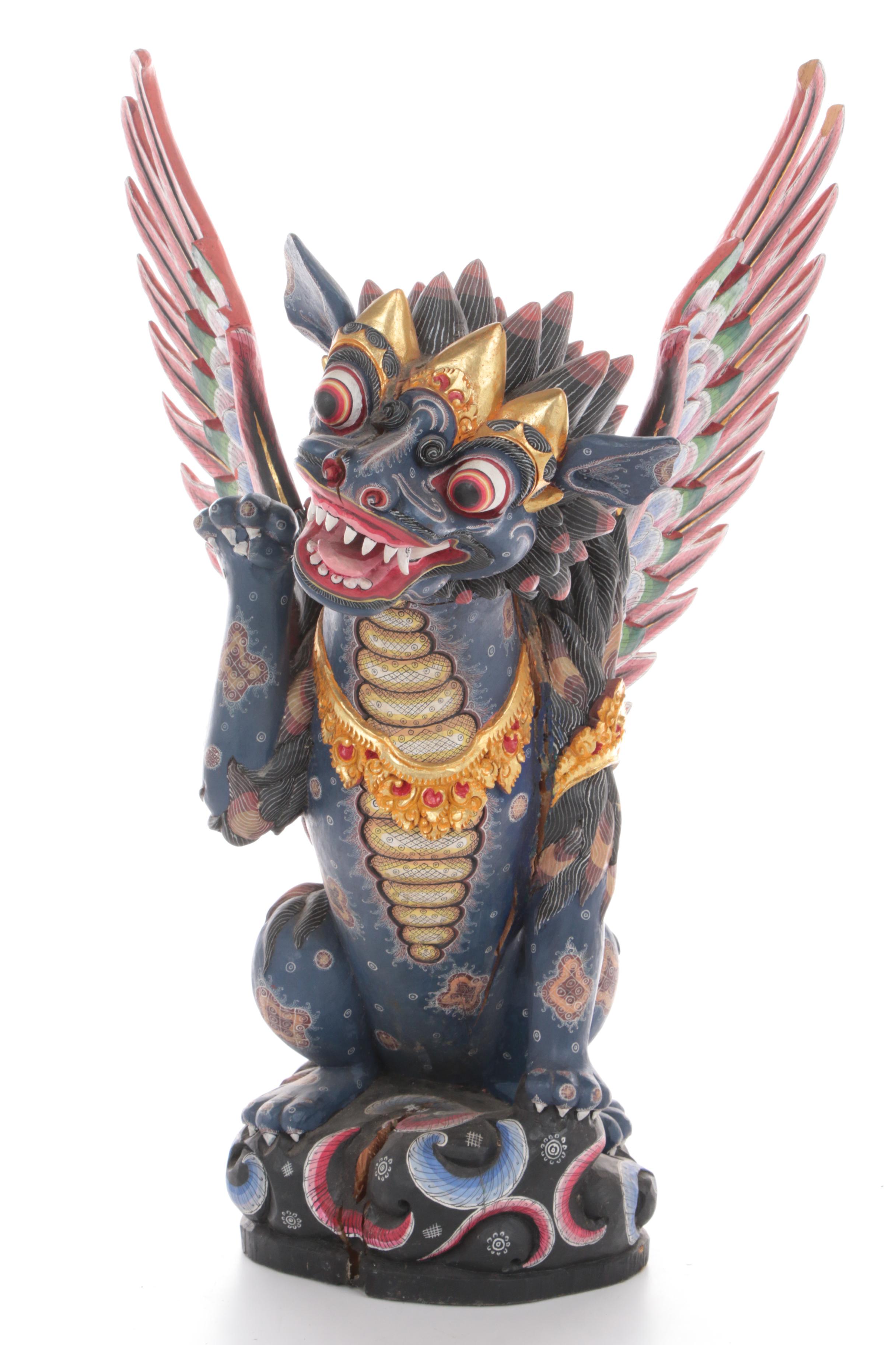 Balinese Winged Lion Polychrome Carved Wood Figure