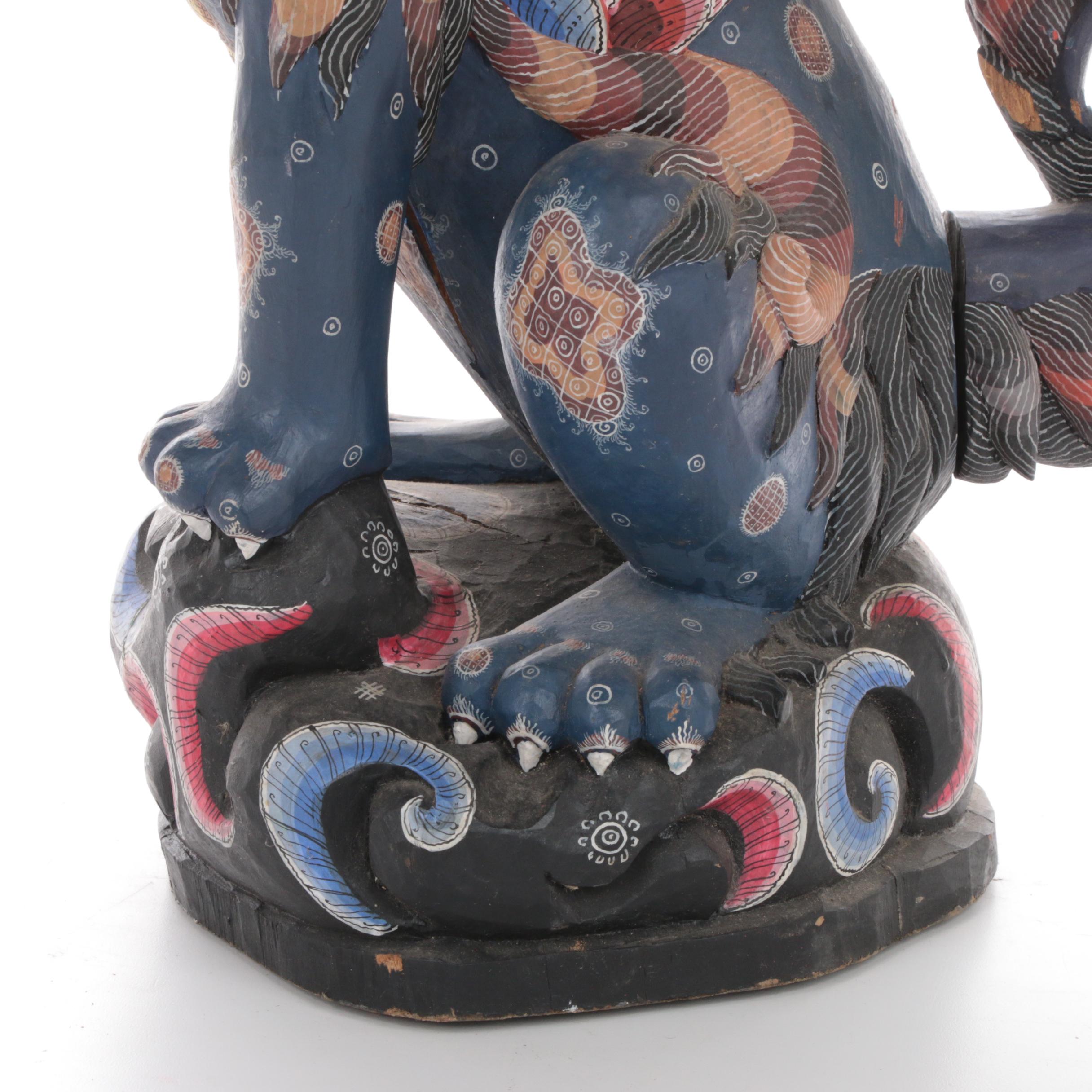 Balinese Winged Lion Polychrome Carved Wood Figure