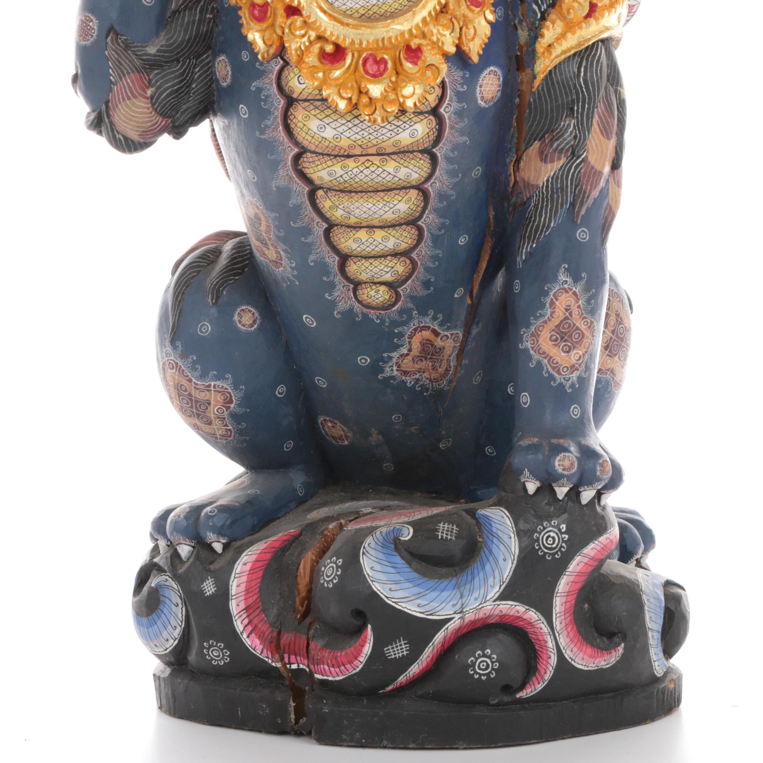 Balinese Winged Lion Polychrome Carved Wood Figure