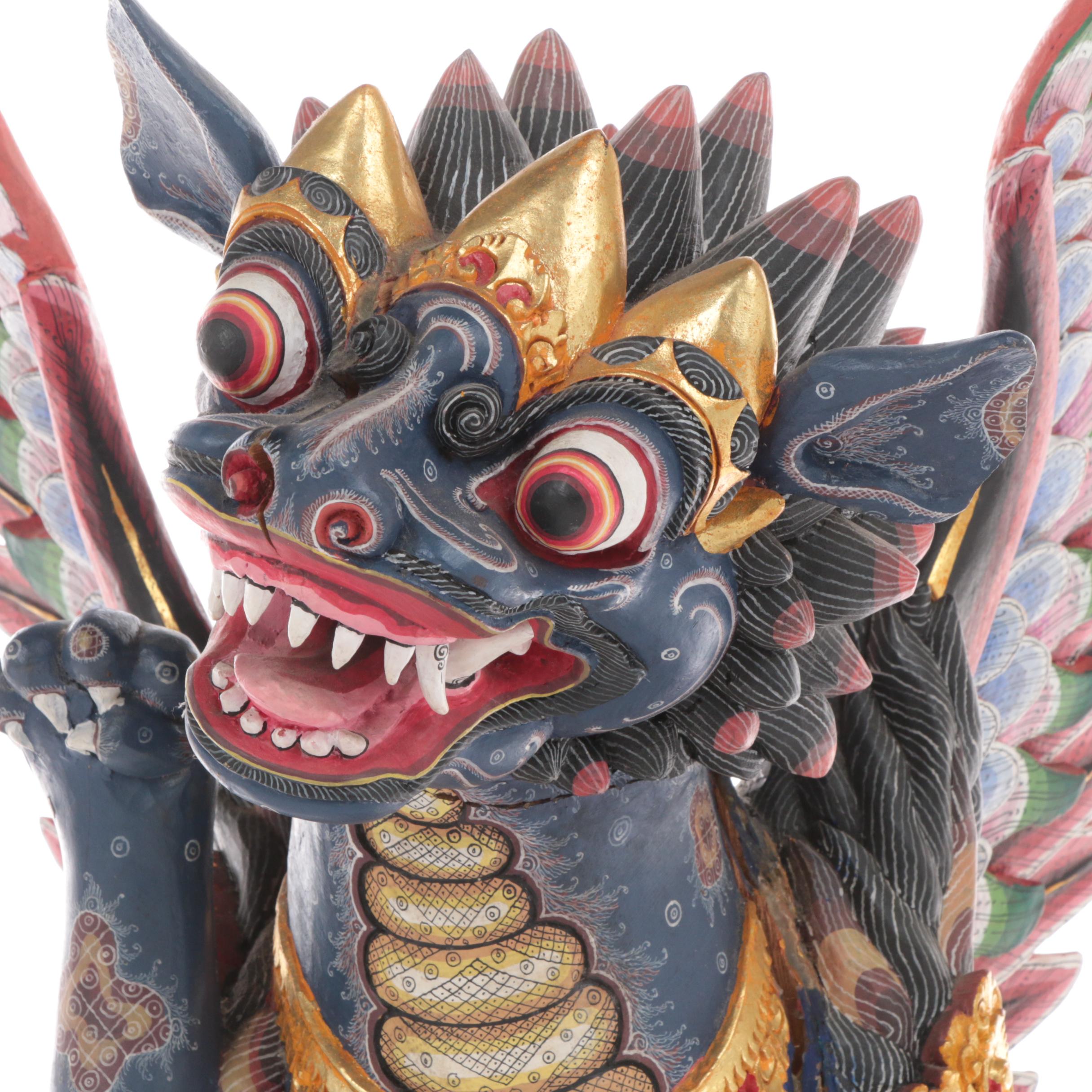 Balinese Winged Lion Polychrome Carved Wood Figure