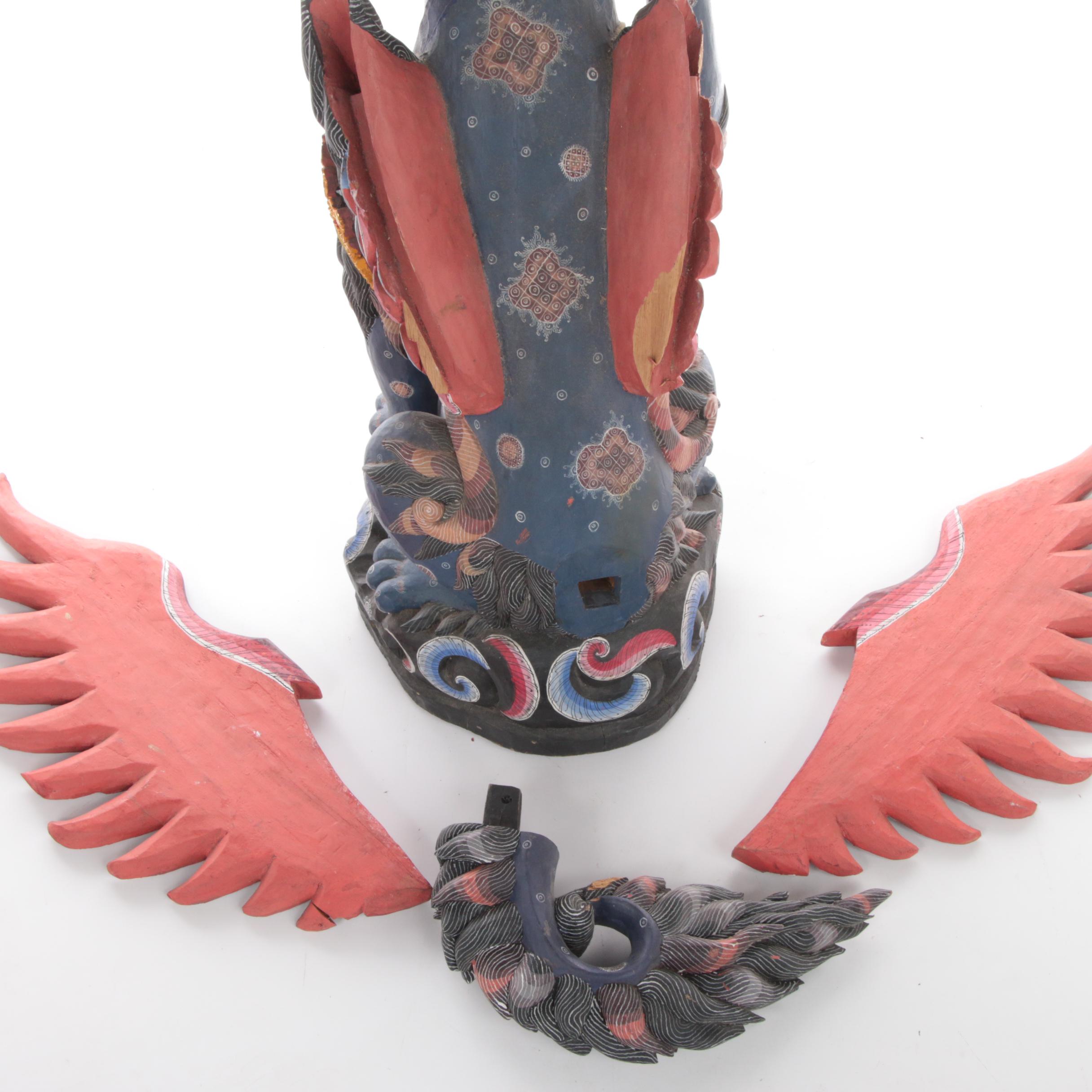 Balinese Winged Lion Polychrome Carved Wood Figure