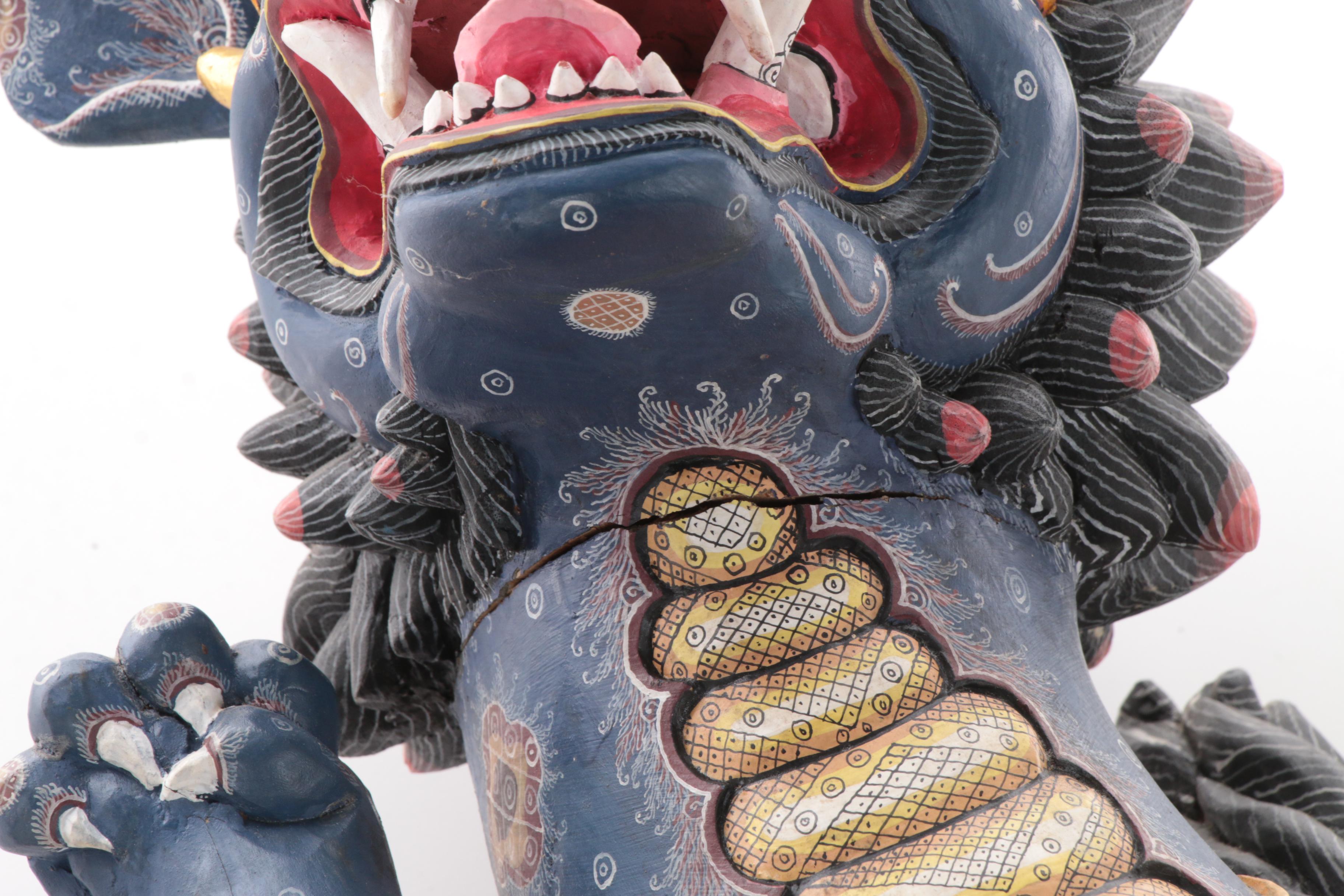 Balinese Winged Lion Polychrome Carved Wood Figure