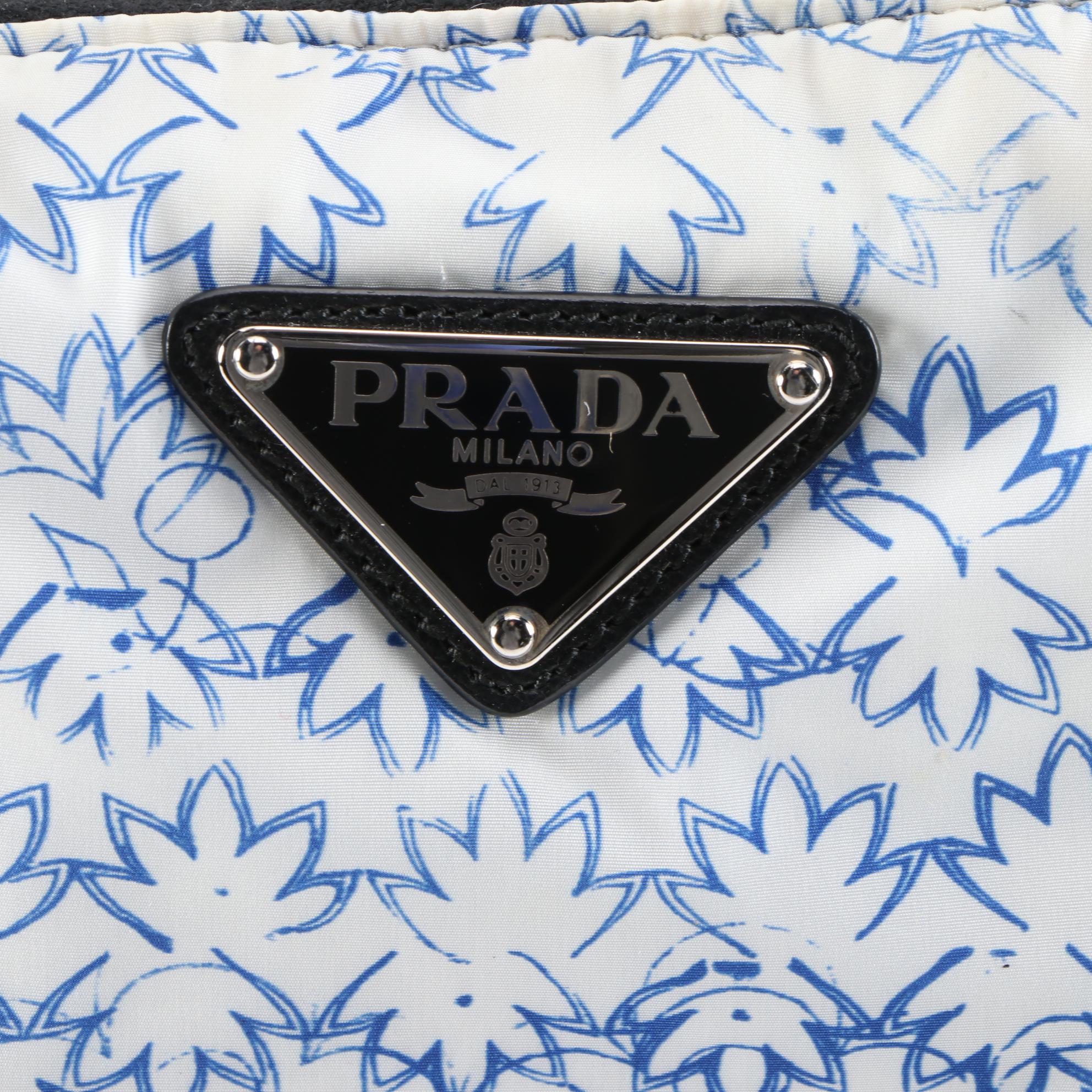 Prada Blue and White Leaf  Print Nylon and Black Saffiano Leather Tote