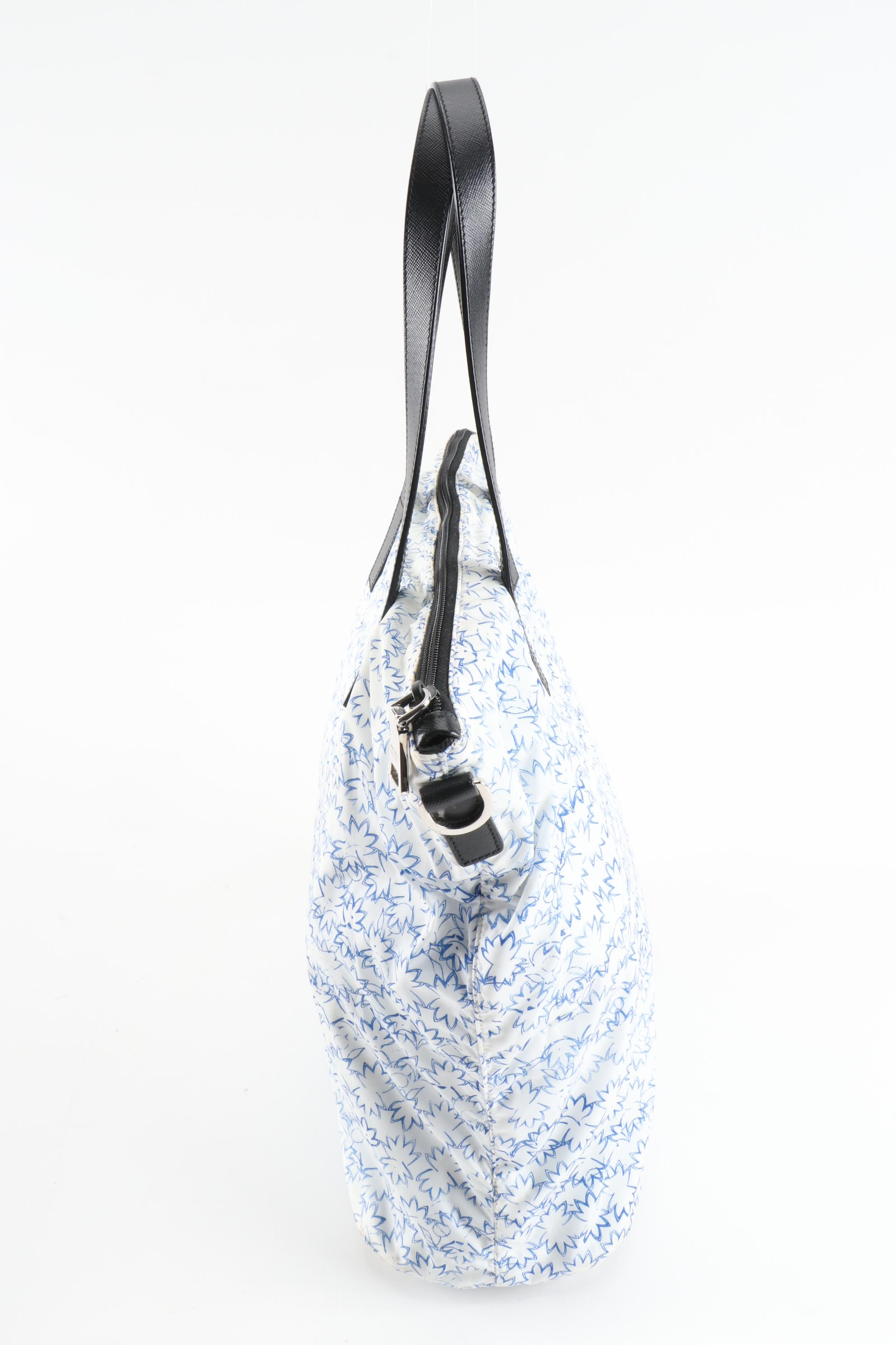 Prada Blue and White Leaf  Print Nylon and Black Saffiano Leather Tote