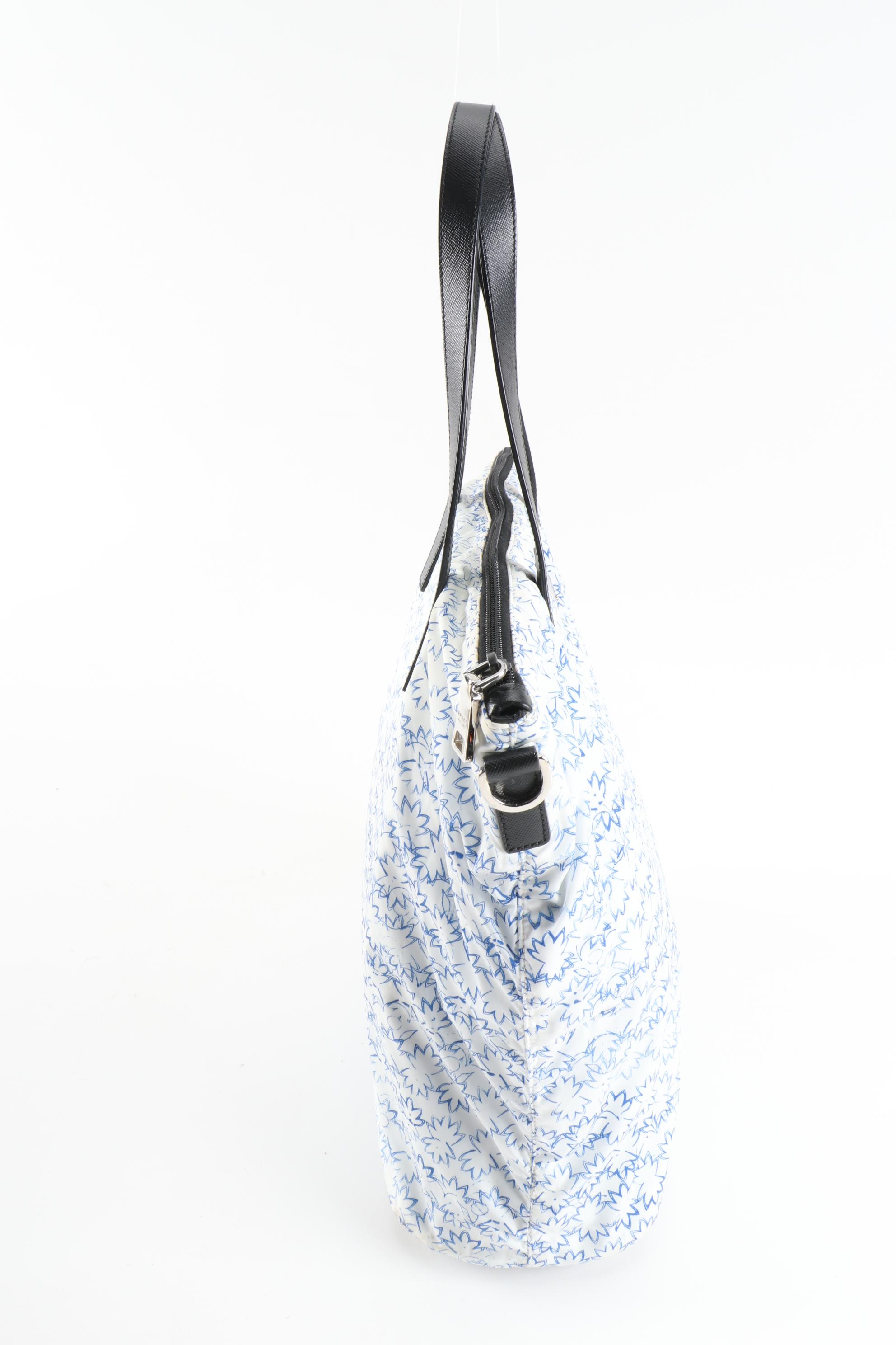 Prada Blue and White Leaf  Print Nylon and Black Saffiano Leather Tote