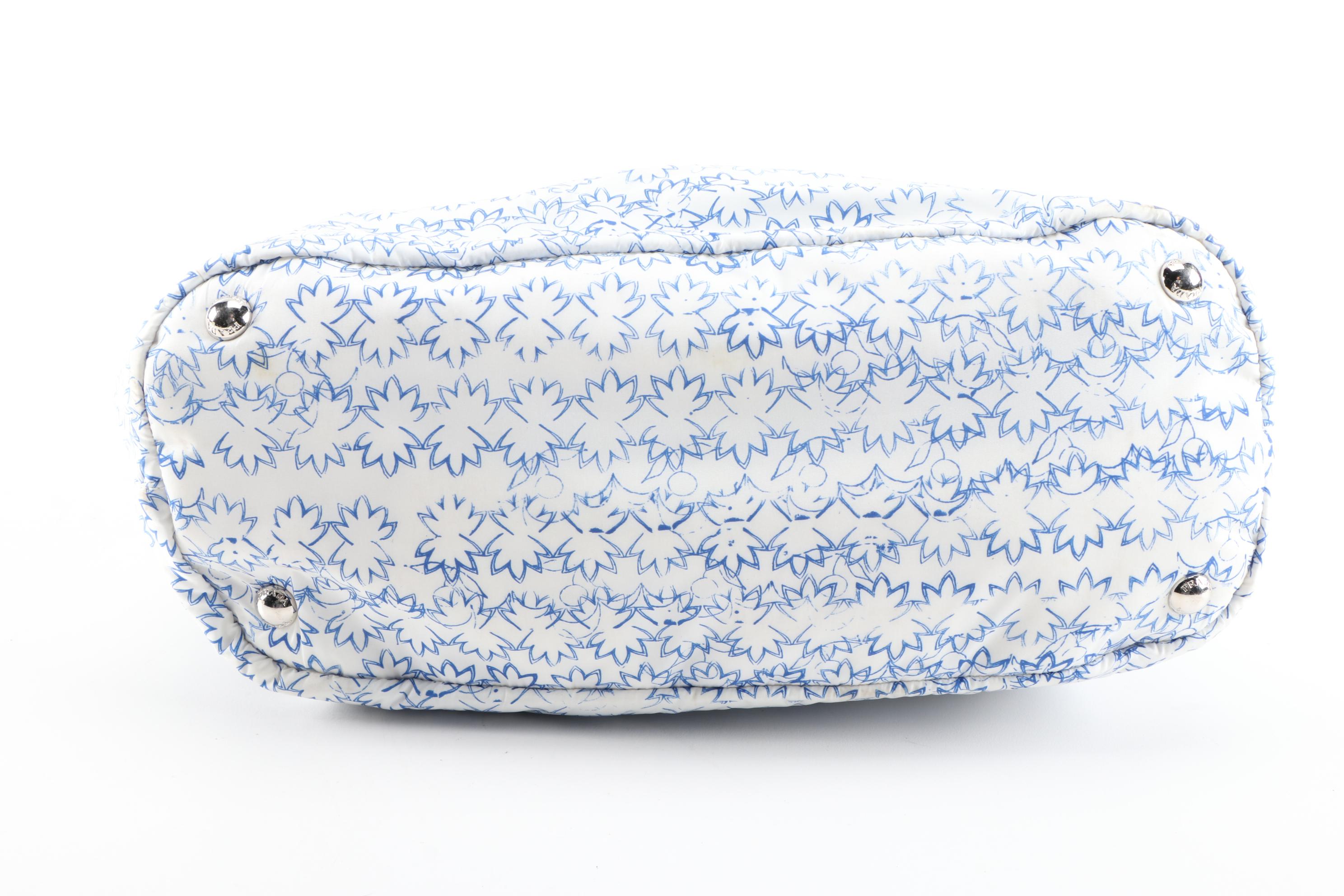 Prada Blue and White Leaf  Print Nylon and Black Saffiano Leather Tote